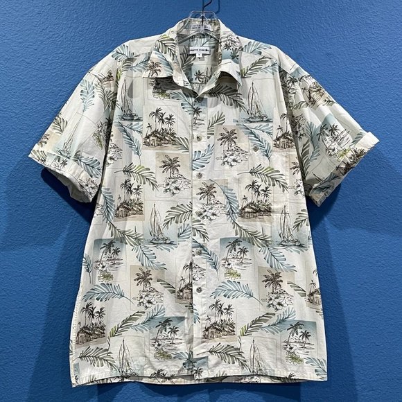 Vintage Pierre Cardin Retro Hawaiian Button Up Shirt Men Medium Island Hut Boat - Picture 15 of 15
